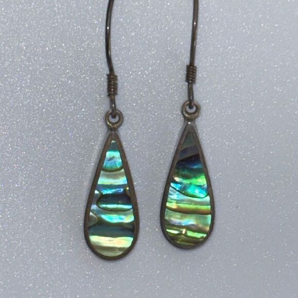 Vintage sajen silver & abalone rainbow dangle drop earrings - Picture 1 of 10